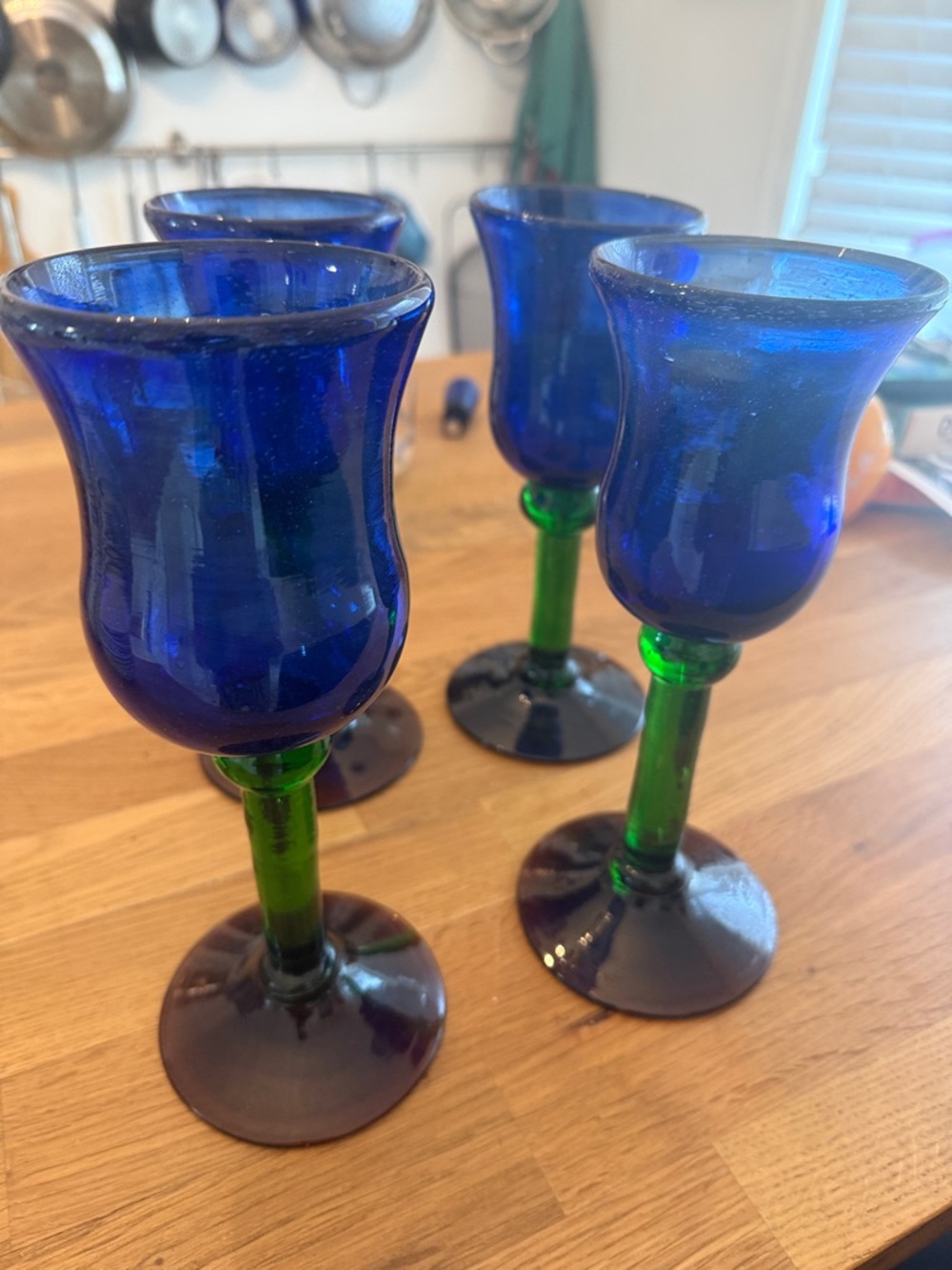 Cobalt Blue & Emerald Green Hand-Blown Glass Wine Goblets - Set of 4